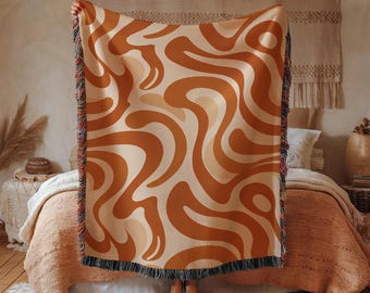 Plaid tissé rétro style milieu du siècle, motif tourbillon incurvé, couleur ocre terracotta