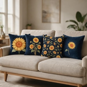 Pode incluir: Quatro almofadas quadradas dispostas num sofá de cor clara. Cada almofada apresenta um fundo azul-marinho escuro com desenhos de girassóis amarelos. Uma almofada mostra um girassol grande, outra três girassóis, uma tem um padrão denso de girassóis e a última mostra um único girassol num caule.