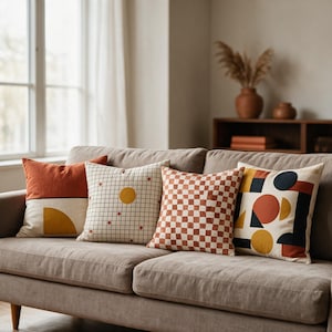 May include: Four square throw pillows arranged on a sofa. The first is rust and cream with a yellow semi-circle. The second has a grid pattern with a yellow circle. The third features a rust and cream checkerboard. The fourth has geometric shapes.