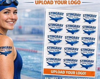 Tatuajes temporales personalizados para clubes de natación: sube tu logotipo (hoja tamaño A4). Tatuajes resistentes al agua para equipos, ideales para galas, eventos y competiciones.
