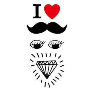 Novelty I love heart moustache temporary transfer tattoo -  10 x 6 cm - FAST SHIPPING