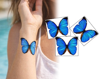 Blue Butterfly Temporary Tattoo (3 Pack) – 2" Wrist Tattoo – Realistic Matte Finish, Waterproof, Delicate Aesthetic Design