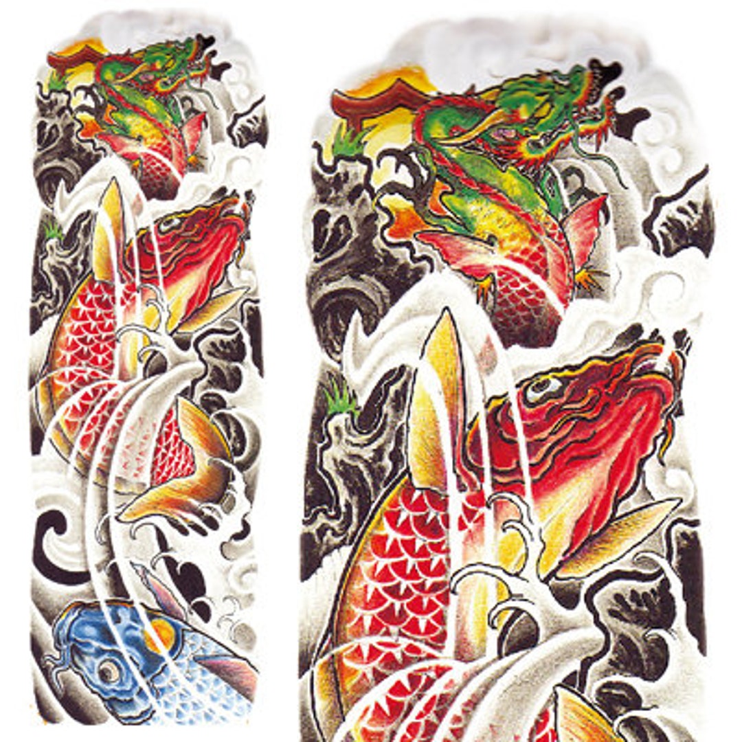 Classic Japanese Koi Dragon Full Arm Sleeve Temporary Transfer Tattoo ...