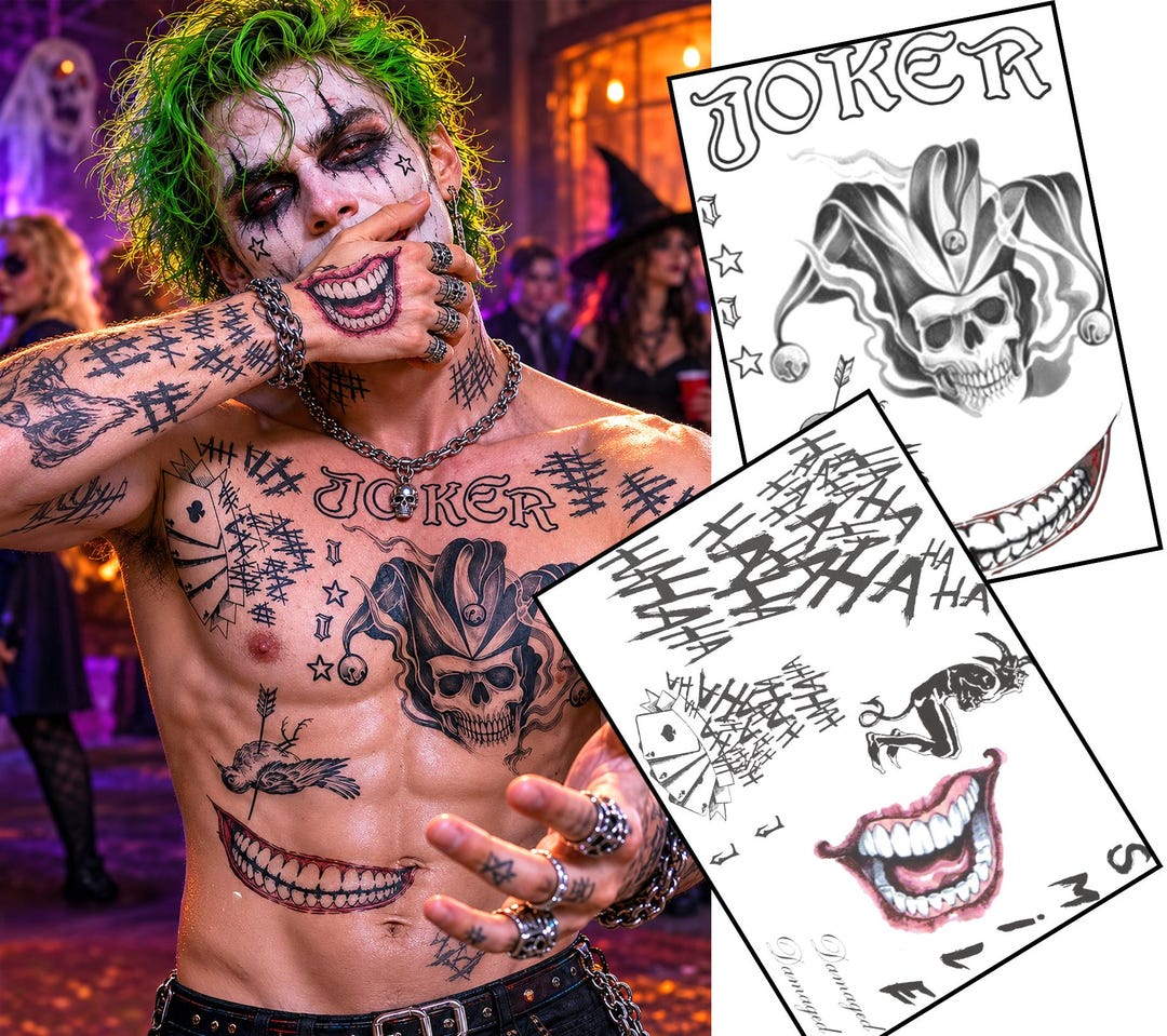 ギャングスターピエロの悪役タトゥーシール – ハロウィンコスチューム