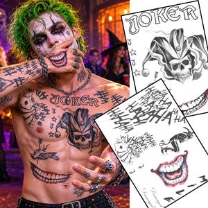 May include: A set of temporary tattoos featuring black and white designs including a skull wearing a jester hat, the word JOKER, a wide grinning mouth, playing cards, and the repeated text HAHA. The sheets also include the word SMILE.