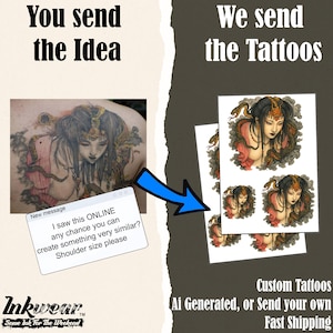 Puede incluir: La imagen muestra un diseño de tatuaje en la espalda de una persona, con una maqueta digital del tatuaje en papel. El diseño presenta a una mujer con serpientes y el texto "You send the Idea, We send the Tattoos."
