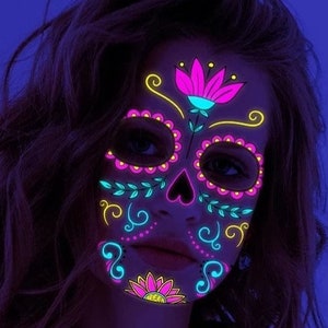 Day of the Dead, Halloween Fluorescent Face tattoo || GLOWING || Instant Facepaint Transfer Tattoos || Fast shipping