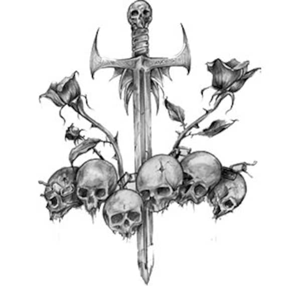 Floral Skull & Sword Temporary Tattoo: Realistic Gothic Design - Etsy