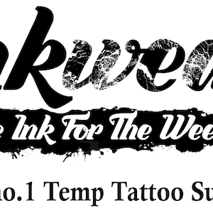 May include: Black and white logo for Inkwear, a temporary tattoo supplier. The logo features the word "Inkwear" in a bold, stylized font with a distressed texture. Below the word "Inkwear" is a black and white banner with the text "Some Ink For The Weekend". Below the banner is the text "UK's no. 1 Temp Tattoo Supplier".