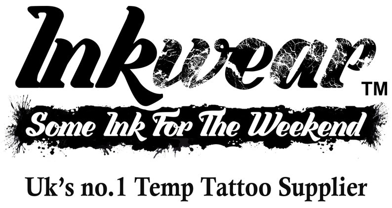 May include: Black and white logo for Inkwear, a temporary tattoo supplier. The logo features the word "Inkwear" in a bold, stylized font with a distressed texture. Below the word "Inkwear" is a black and white banner with the text "Some Ink For The Weekend". Below the banner is the text "UK's no. 1 Temp Tattoo Supplier".