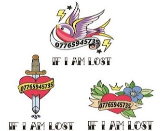 Phone number tattoos for kids - If I Am Lost || Temporary personalised tattoos with your phone no. || 12 copies || Fast shipping