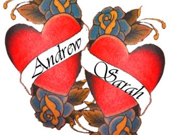 Custom Temporary Tattoo: Your names in Classic Hearts - Fast Shipping 6 copies