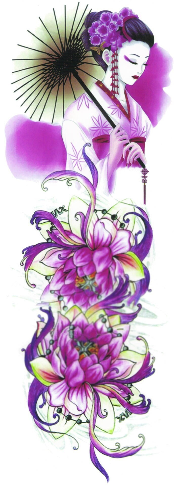Geisha traditional temporary tattoo - coloured - oriental - realistic FULL sleeve tattoo - Large 17 x 48cm - FAST SHIPPING