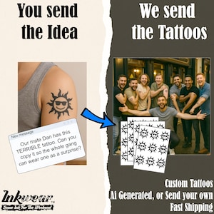 Custom Stag Do Tattoos – AI-Designed Bachelor Party Tattoo Sheets – Funny Group Temporary Tattoos - Forget t-shirts