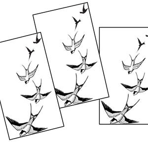 May include: Three white rectangular prints featuring black illustrations of swallows in flight. Each print shows a different arrangement of the birds, with some flying upwards and others in mid-flight. The artwork has a minimalist, graphic style.