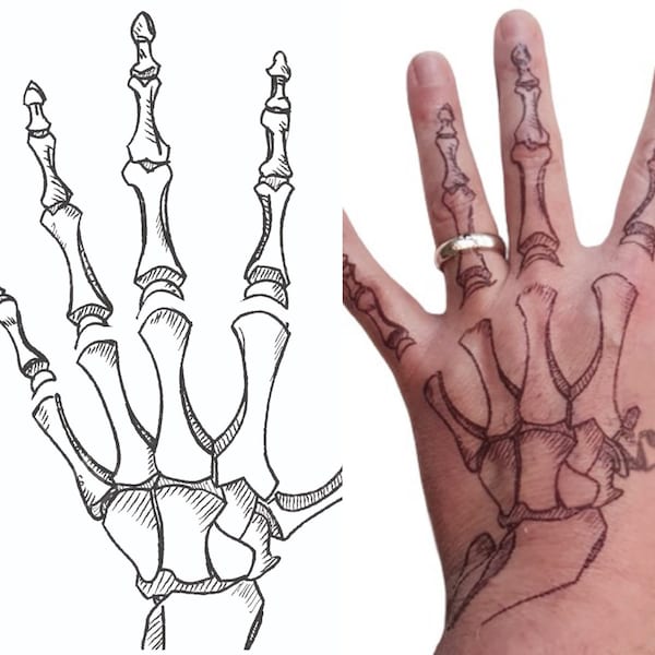 Halloween costume skeleton hands fake tattoos (M & L) by Inkwear and FREE de-shine gel and FREE UK postage