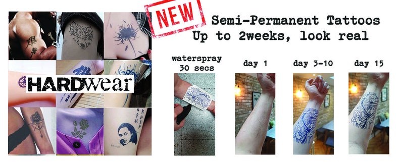 May include: A close-up of a temporary tattoo on a person's arm. The tattoo is a detailed design of a flower. The image shows the tattoo at different stages of fading, from day 1 to day 15. The text "Semi-Permanent Tattoos Up to 2weeks, look real" is visible at the top of the image.