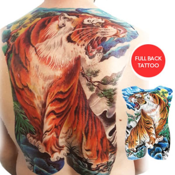 Roaring Tiger full back tattoo temporary 48x34cm | Realistic | Colourful | Large | Big | Fake transfer tattoo