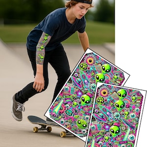 May include: A person skateboarding with a black cap, navy blue shirt, and black pants. The person has an alien-themed tattoo sleeve. Two alien-themed sticker sheets are in the foreground, featuring green aliens, rockets, and flowers.