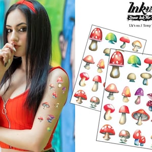 Mushroom Temporary Tattoos: Playful Toadstool Designs (2 A5 Sheets)