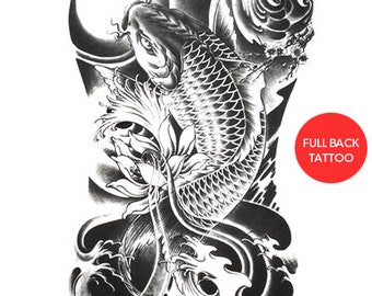 Large Koi Temporary Back Tattoo: Japanese Oriental Design (38cm x 34cm)