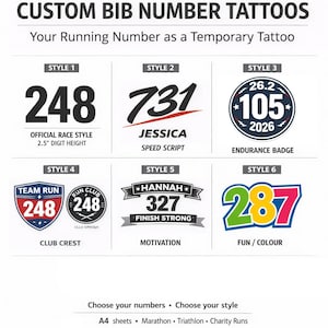 Anpassade startnummertatueringar – Ditt löpar-/simnummer som tillfällig tatuering | Maraton, triathlon och sportevenemang | A4-ark