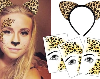 Leopard Outfit Instant Facepaint + Ears outfit Transfer Tattoos - 3 copies face temp tattoos & matching Leopard headband - FAST DELIVERY