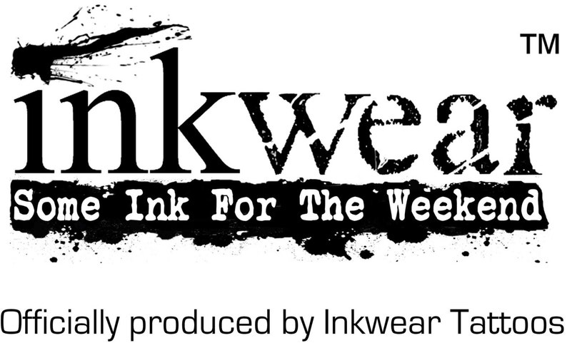 May include: Black and white logo for Inkwear, featuring the text "inkwear" above "Some Ink For The Weekend." The logo includes a stylized ink splatter and the text "Officially produced by Inkwear Tattoos."