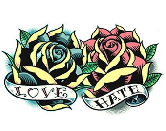 Love and Hate Rose temporary transfer tattoo LARGE for arm, chest or thighs - 8X4"  Retro vintage cute tattoo Body art _ FAST SHIPPING
