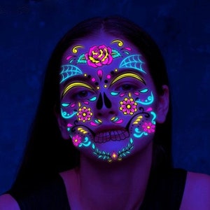 Day of the Dead, Halloween Fluorescent Face tattoo || GLOWING || Instant Facepaint Transfer Tattoos || Fast shipping