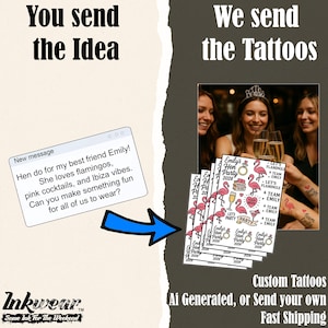 Tatuajes temporales para despedidas de soltera: láminas de tatuajes personalizados con IA para despedidas de soltera: diseños divertidos a juego para damas de honor (olvídate de las camisetas).