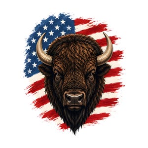 Può includere: Illustrazione dettagliata della testa di un bisonte con pelliccia marrone e corna ricurve. Il bisonte è ambientato sullo sfondo della bandiera americana, con strisce rosse e bianche e un campo blu di stelle.