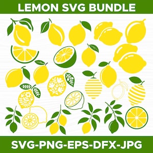 Puede incluir: Una colección de ilustraciones de limones amarillos con hojas y rodajas verdes. La imagen incluye el texto "LEMON SVG BUNDLE" en la parte superior y "SVG-PNG-EPS-DFX-JPG" en la parte inferior, todo en una pancarta verde.