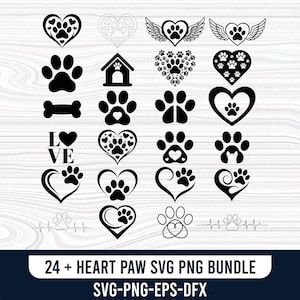 May include: A collection of black and white paw print and heart designs. The designs include paw prints, hearts, wings, and a dog house. The text at the bottom reads "24 + HEART PAW SVG PNG BUNDLE SVG-PNG-EPS-DFX."