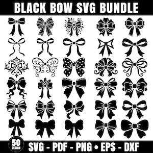 Op de afbeelding: Een digitale collectie van 50 zwarte striksilhouetten gerangschikt in een raster, met diverse stijlen waaronder stippen, bloemen en sierlijke patronen. De tekst bovenaan luidt BLACK BOW SVG BUNDLE, en de tekst onderaan luidt 50 DESIGN SVG - PDF - PNG - EPS - DXF.