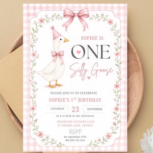 One Silly Goose Birthday Invitation, Pink Bow Goose Party, Girl First Birthday, Pink Gingham, 1st Birthday Invite Template, Instant Download