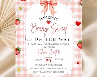 Sjabloon uitnodiging babyshower aardbei, bewerkbare roze babyshower uitnodiging, zoete uitnodiging Berry, afdrukbare uitnodiging, digitale download