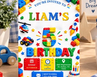 Building Block Birthday Invitation, Colorful Bricks 5th Birthday Party, Blocks Birthday Invite, Editable Canva Template