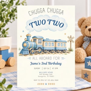 May include: A rectangular invitation card featuring a watercolor illustration of a blue train on tracks with a railroad crossing sign. Text reads: CHUGGA CHUGGA TWO TWO, ALL ABOARD FOR Jame's 2nd Birthday, SUNDAY SEP 26 AT 2PM, WILLIUM'S HOUSE 245 RAILWAY LANE, Sunnyville, TX 75001, RSVP TO EMILY AT 123-456-7890.