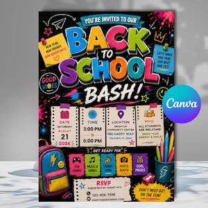 Könnte beinhalten: Ein farbenfroher Back to School Bash Veranstaltungsflyer auf schwarzem Tafelhintergrund. Er zeigt kräftige, mehrfarbige 3D-Schriftzüge, einen blauen Rucksack und Symbole für Datum, Uhrzeit, Ort und Aktivitäten. Der Text enthält Veranstaltungsdetails.