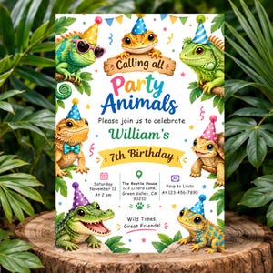 May include: A birthday invitation card featuring colorful illustrations of various reptiles wearing party hats. The text reads: Calling all Party Animals, Please join us to celebrate William's 7th Birthday, Saturday November 12 at 2 pm, The Reptile House 123 Lizard Lane, Green Valley, CA 90210, Rsvp to Linda At 123-456-7890, Wild Times, Great Friends!