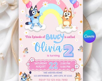 Bluey verjaardagsuitnodiging bewerkbare canvassjabloon, Bluey feestuitnodiging, Bluey Kids verjaardagsuitnodiging, Bluey Twoey 2e verjaardag meisje uitnodiging
