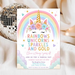 May include: A rectangular invitation card featuring a unicorn with a gold horn and floral crown under a rainbow. Text reads: RAINBOWS UNICORNS SPARKLES AND GOLD, Olivia is turning 3 years old, JOIN US FOR A MAGICAL DAY, SUNDAY AUG 25 AT 2PM, The Brighton Home.