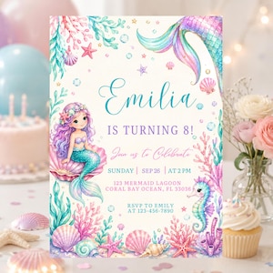 Puede incluir: Una tarjeta de invitación rectangular con una ilustración en acuarela de una sirena de pelo morado sentada en una concha rosa. El texto dice Emilia IS TURNING 8! Join us to Celebrate SUNDAY SEP 26 AT 2 PM 123 MERMAID LAGOON CORAL BAY OCEAN, FL 33036 RSVP TO EMILY AT 123-456-7890.