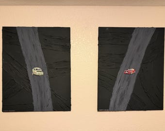 Car Wall Art - 3D Textured Handpainted Porsche 911 and BMW e30 - Set of 2 - 24x30 inches each
