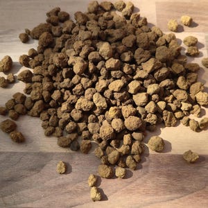 Puede incluir: Una colección de pequeñas piedras marrones porosas de forma irregular con una superficie rugosa y texturizada. Las piedras varían en tamaño y están esparcidas en un montón suelto, mostrando tonos tierra que van del beige claro al marrón oscuro.