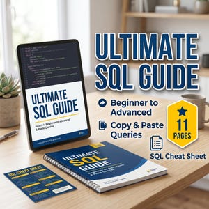 May include: An Ultimate SQL Guide is displayed on a tablet, a spiral-bound book, and a cheat sheet. The book and tablet have the same cover design with the title "ULTIMATE SQL GUIDE". The image also includes the text "Beginner to Advanced" and "Copy & Paste Queries".