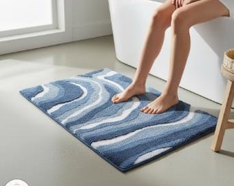 Handmade Ocean Themed Bath Mat, Tufted Suedu Bathroom Rug (40x60 cm)