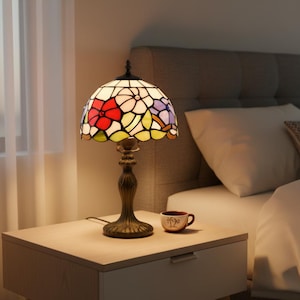 Blommig Tiffany-bordslampa, Heminredning, Handgjord antik belysning, Blommig Tiffany-lampa