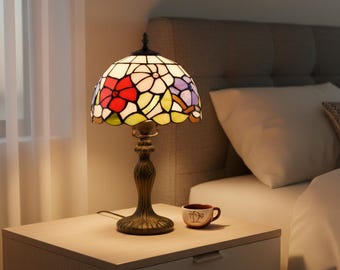 Lámpara de mesa Tiffany con diseño floral, decoración del hogar, iluminación antigua hecha a mano, lámpara Tiffany con diseño floral